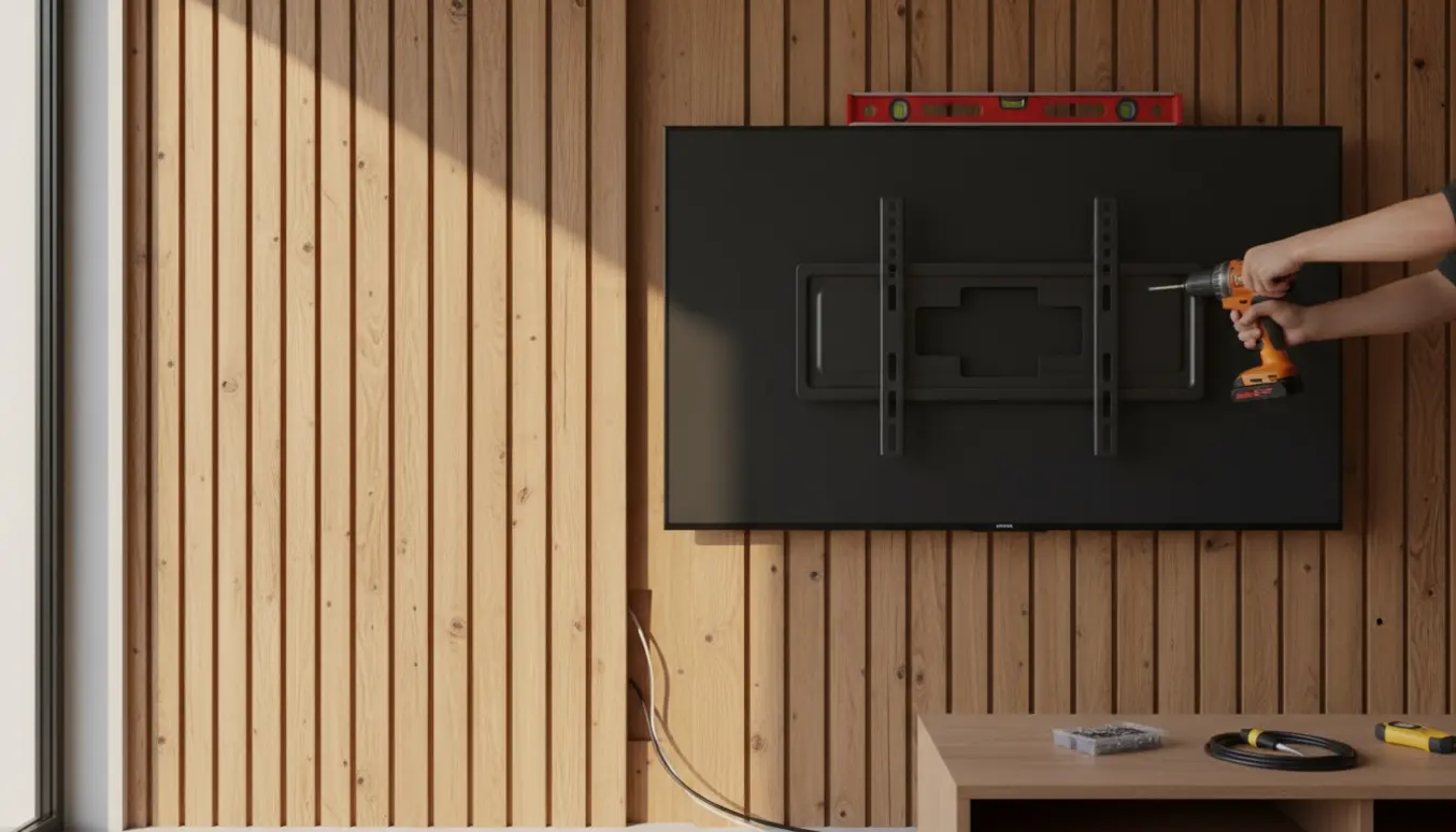 Hænger et 65-tommer TV på en væg beklædt med træ akustikpanel, kabler skjult bag panelerne.