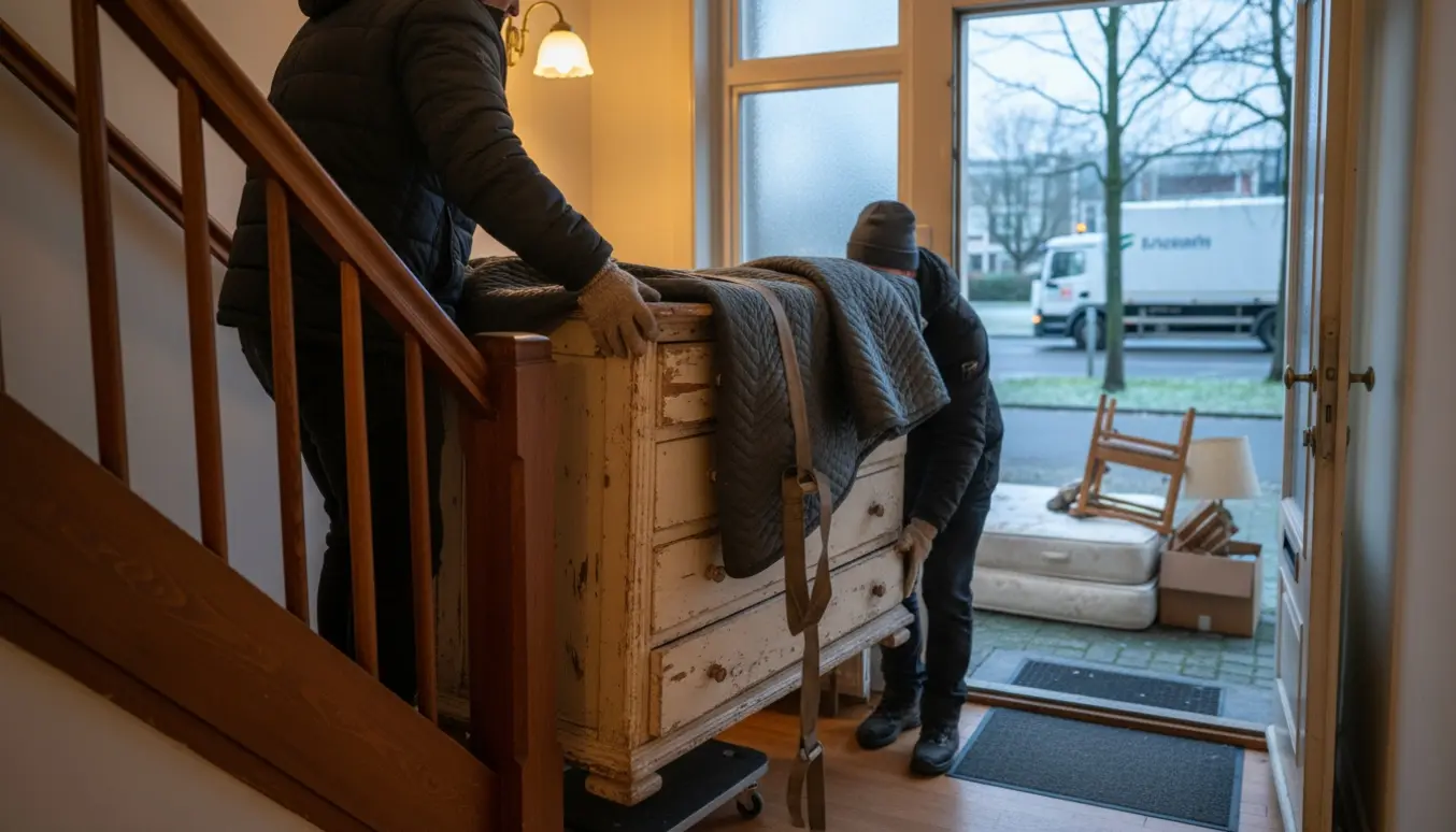 Antik almuekommode bæres ned ad trappe i rækkehus og placeres ved fortovet til storskrald.