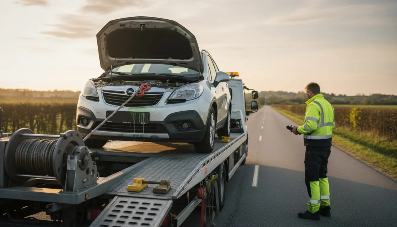 En Opel Mokka-trækbil trækkes op på en fladvogn med spil på en landevej, operatøren står med ryggen til.