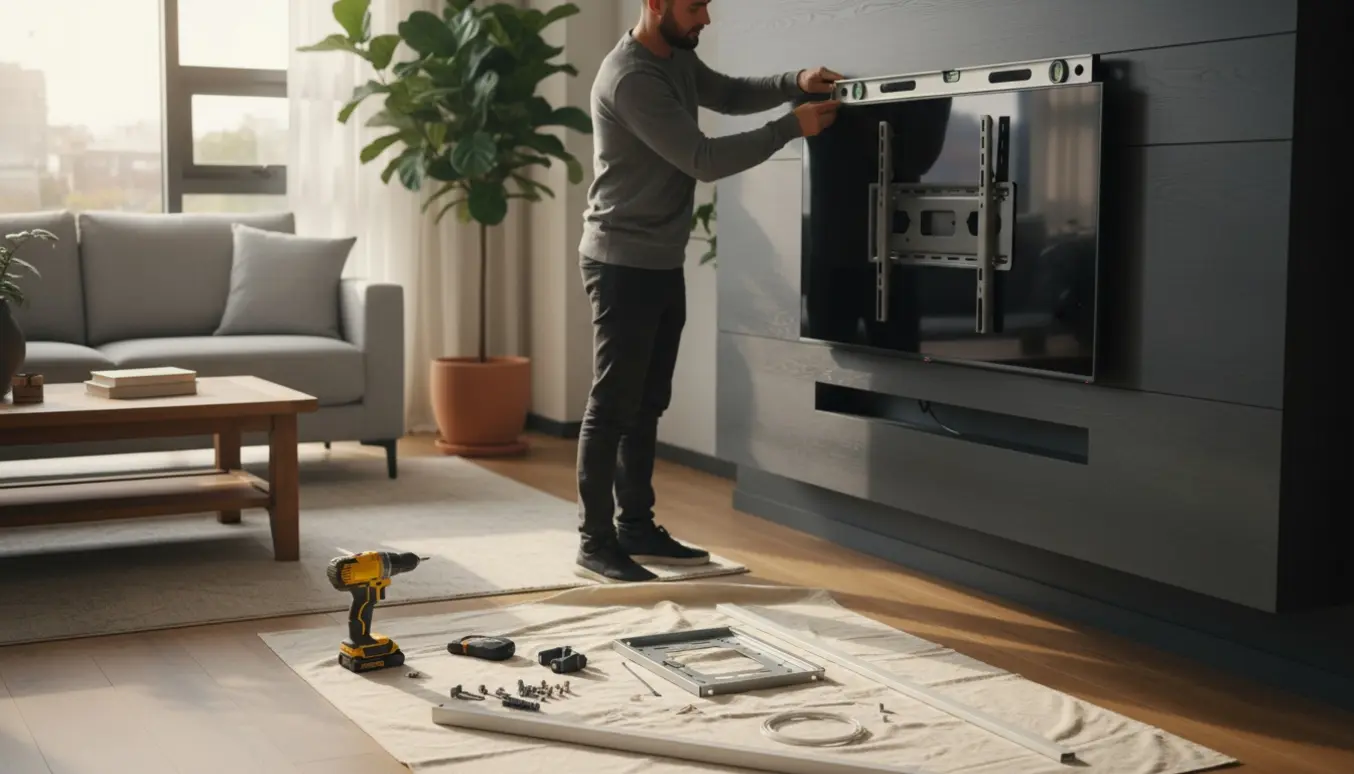 Installering af en TV-væg i en moderne stue med TV på beslag, værktøj og skjult kabelstyring.