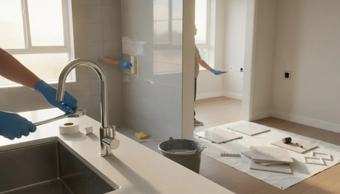 Hænder installerer nyt køkkenarmatur, fuger badeværelse og udskifter to gulvfliser i en lejlighed.