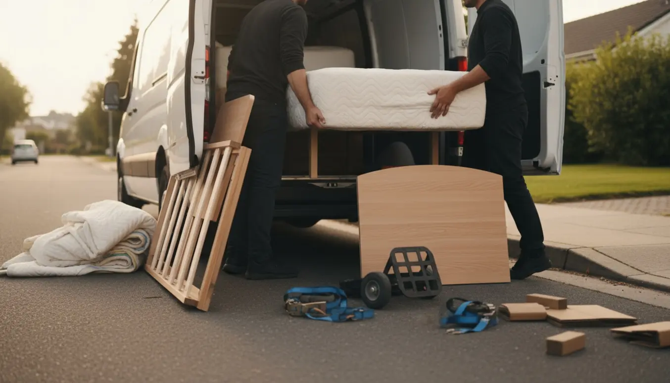 Enkeltseng og madras pakkes og læsses i en flyttevan, beskyttet af tæpper og stropper, klar til transport til Sorø.