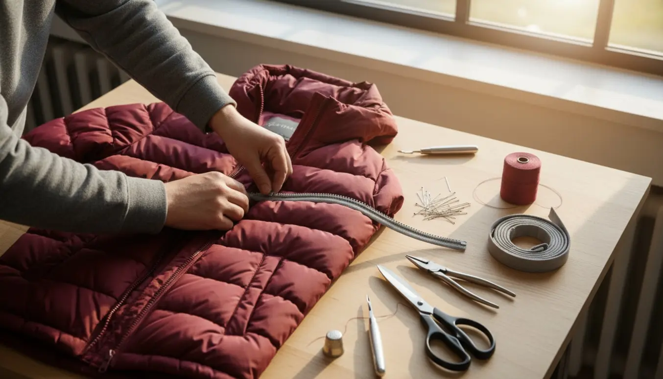 Nærbillede af hænder, der isætter en ny lynlås i en maroon vinterjakke på et arbejdsbord.