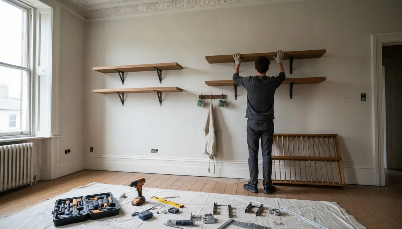 Hænder monterer hylder og en tallerkenrække i en gammel lejlighed med værktøj spredt på gulvet.