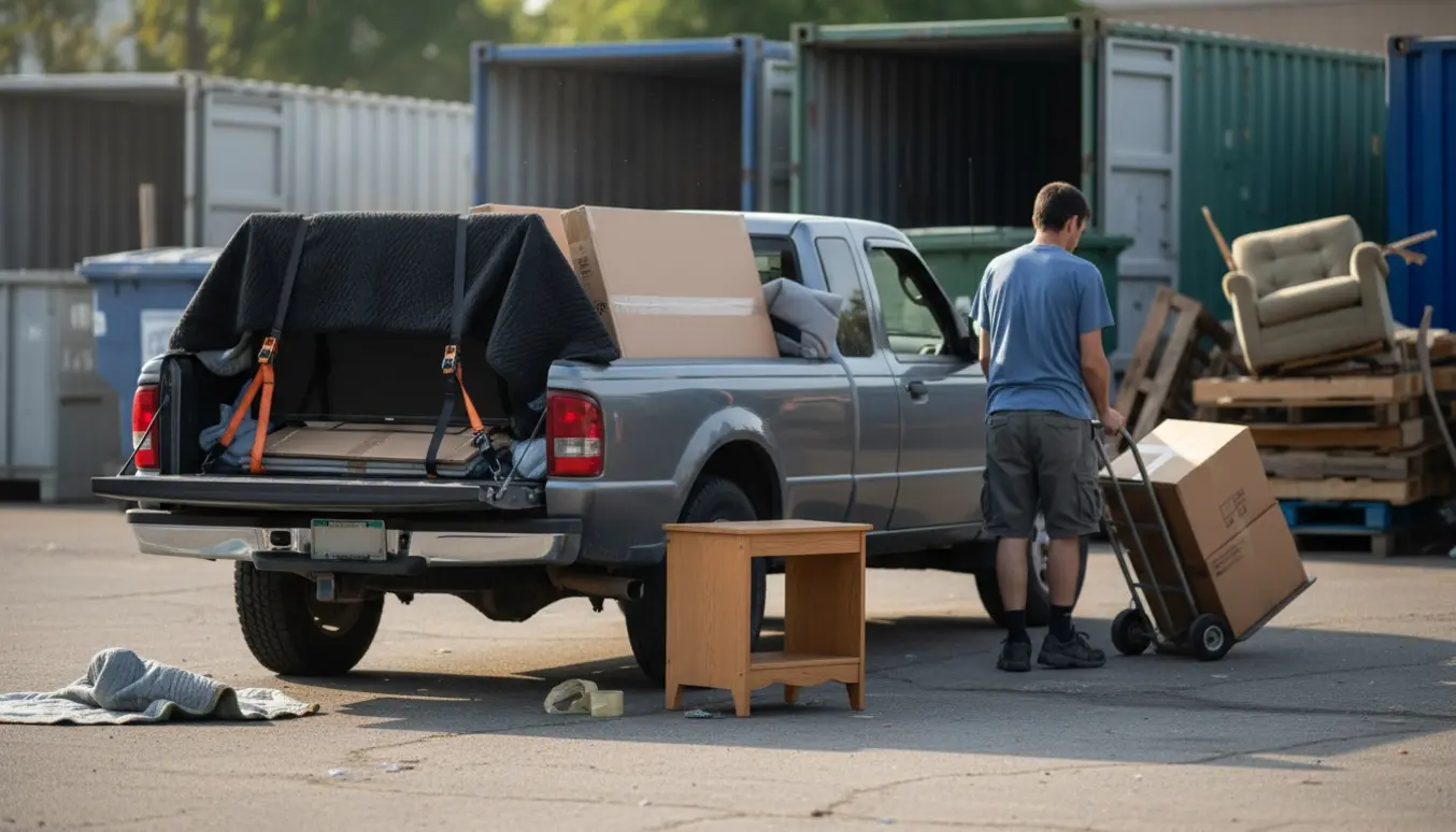 Pickup-truck ved genbrugsplads med et indpakket fladskærms-tv, et fladpakket sengestel og et lille bord klar til aflevering.