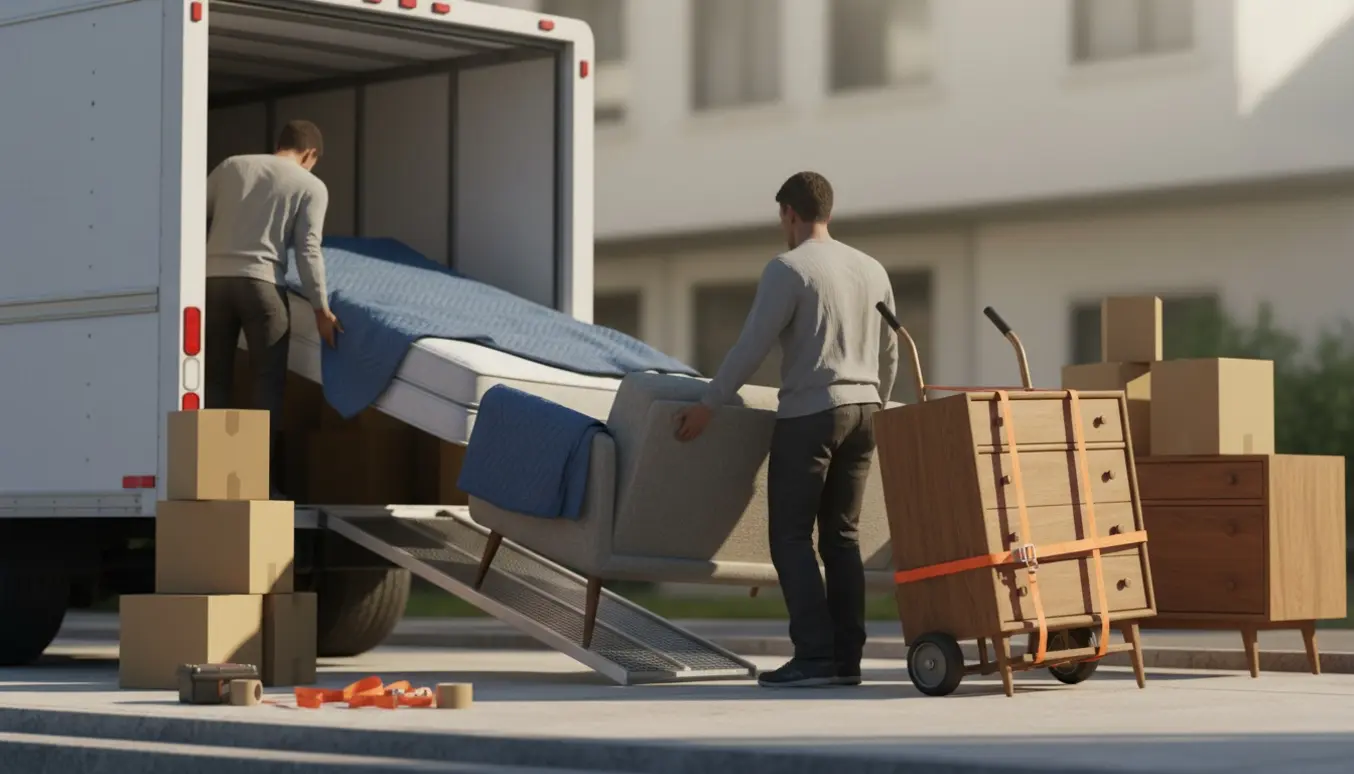 Flyttefolk læsser en dobbeltseng, sofa og to kommoder ind i en flyttebil ved en solbeskinnet opgang.