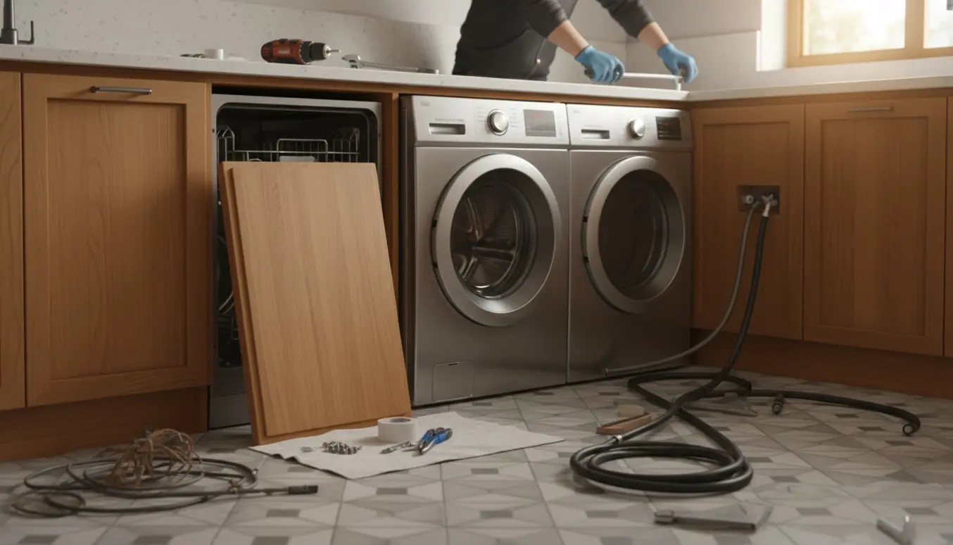 Håndværkerhænder monterer vaskemaskine, tørretumbler og en integreret opvaskemaskine med afmonteret frontpanel.