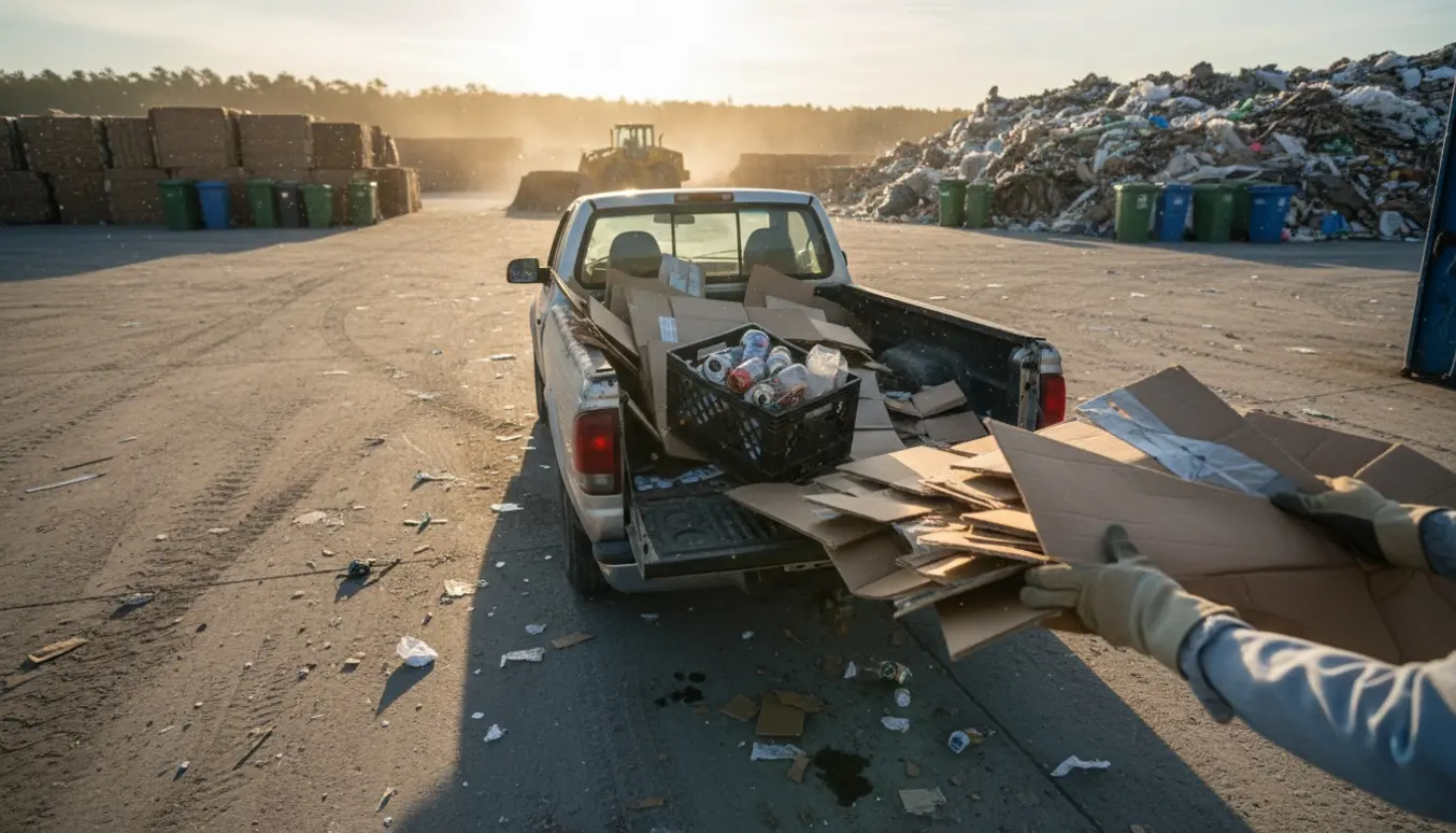 Lastbil læsser pap, dåser og gammel emballage af på en losseplads på en solrig eftermiddag.