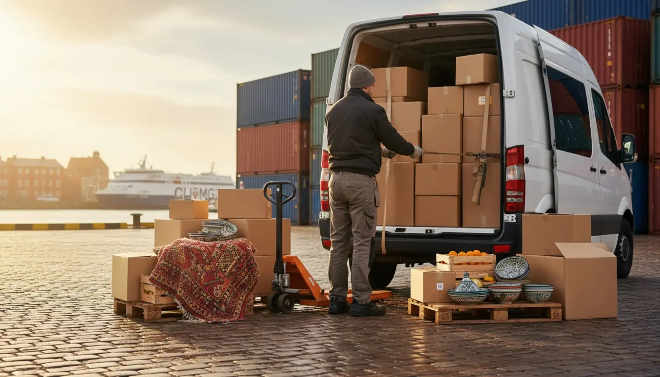 Bagfra fotografi af en chauffør, der læsser kasser og marokkanske tæpper i en varebil ved en havn i gyldent lys.