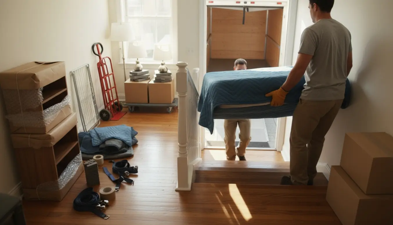 Flyttefolk bærer en dobbeltseng og pakket møbler gennem en lys opgang mod en flyttebil.