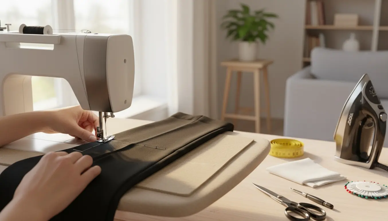 Hænder lægger sorte bukser op ved en symaskine med målebånd og strygebræt.