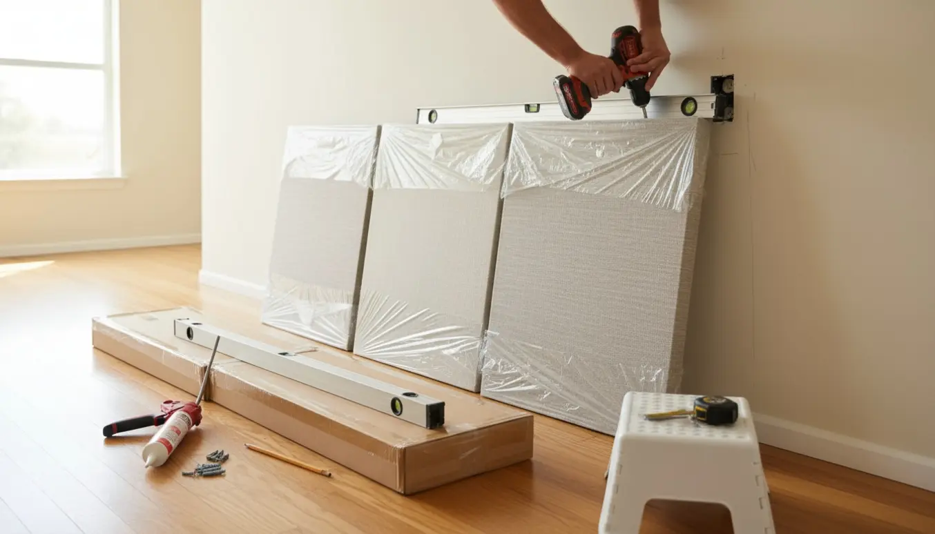 Montering af tre akustikpaneler i en lys gang med værktøj og en stikkontakt i vejen.