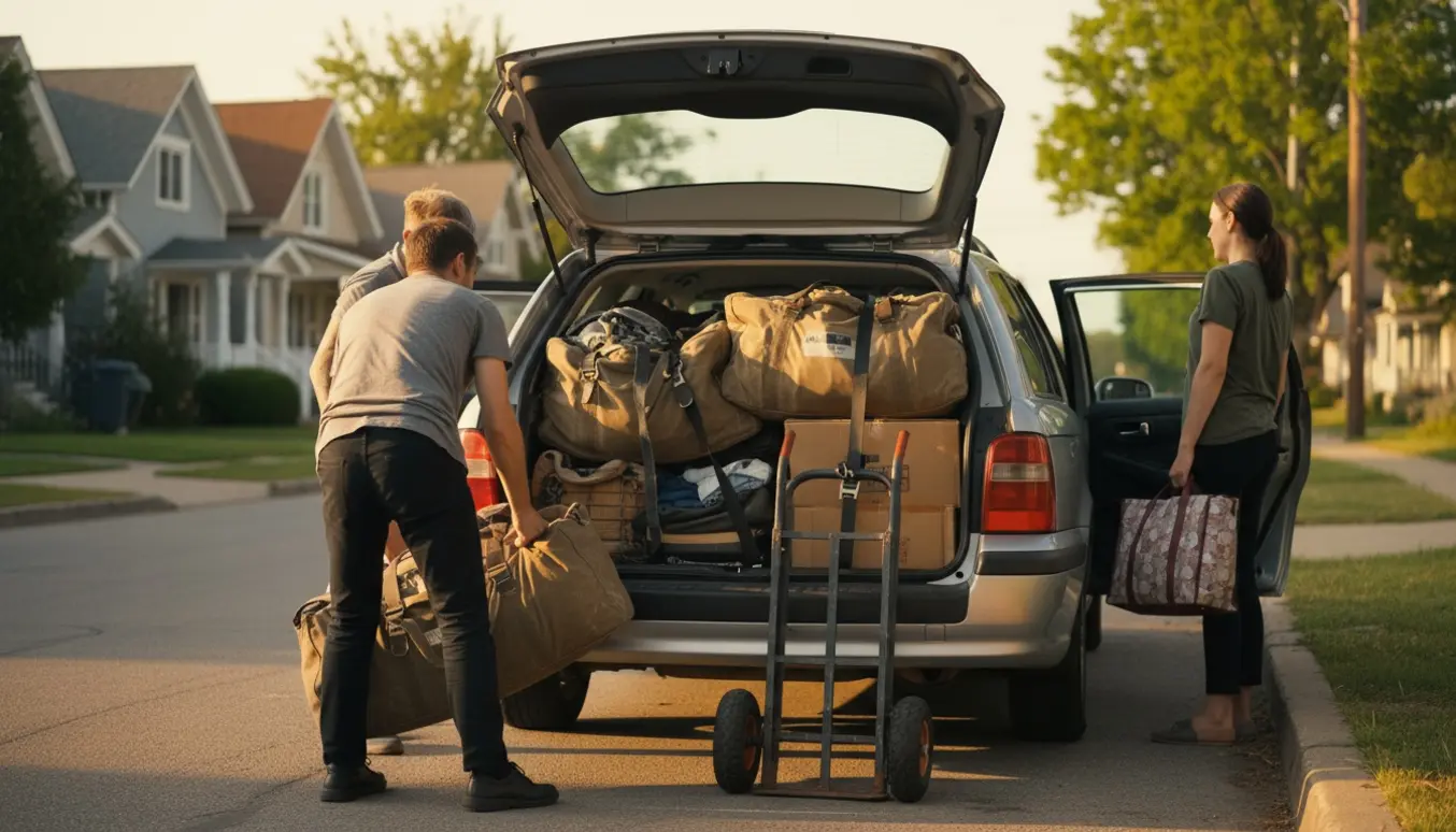 Tre personer læsser store tasker og kasser med tøj i bagagerummet på en stationcar.