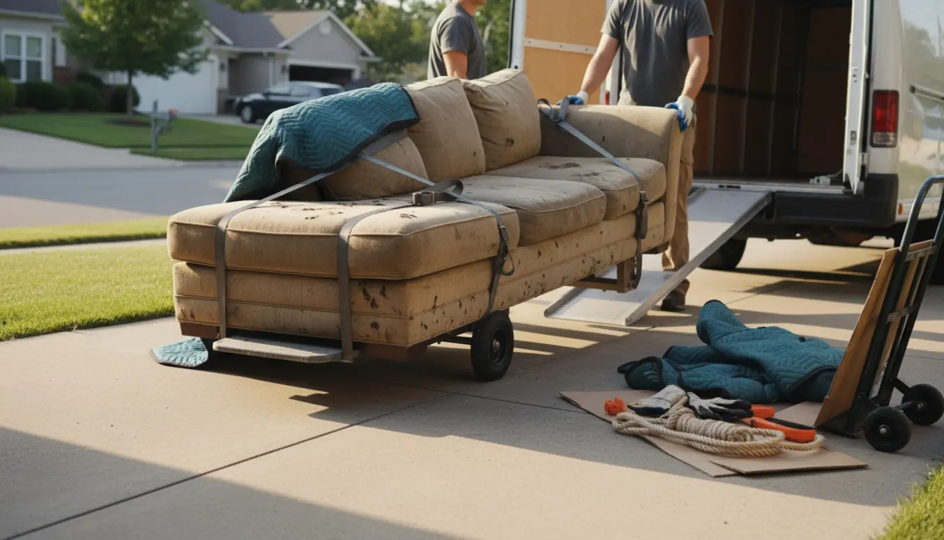 En chaiselong-sofa pakket i flyttetæpper på indkørsel, klar til bortskaffelse.