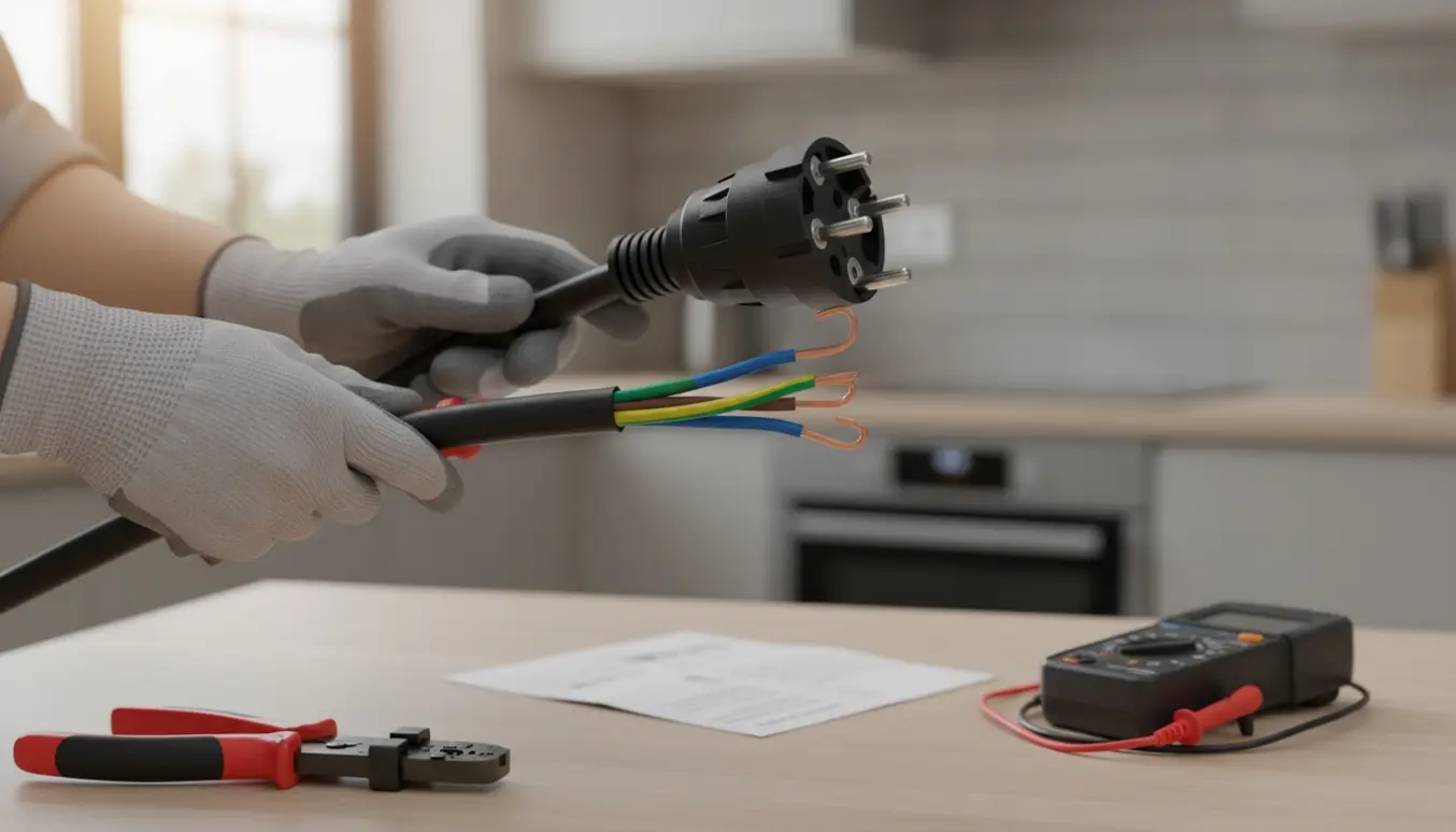 Nærbillede af hænder, der tilslutter et femlederkabel til et åbent fembenet komfurstik i et køkken.