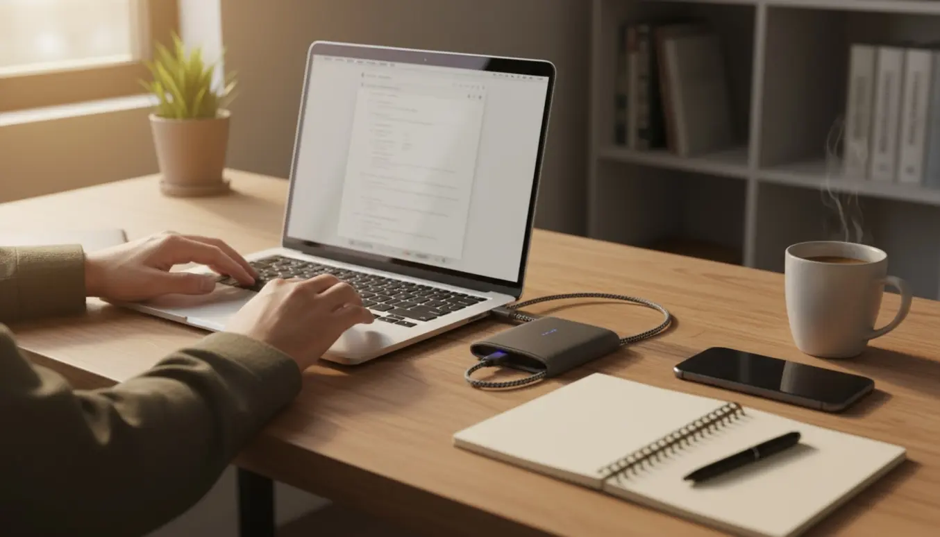 Hænder arbejder på en MacBook Air med en ekstern harddisk til backup på et ryddeligt skrivebord.