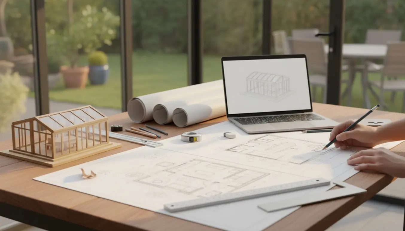 Arbejdsbord med arkitekttegninger og en model af en udestue i sollys.