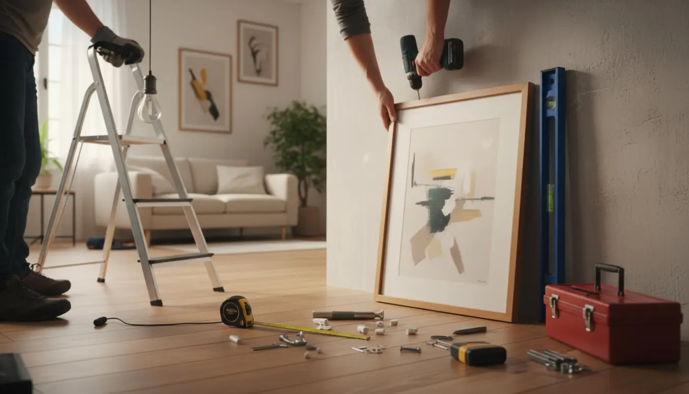 Hænder hænger et indrammet billede på en væg med bor, vaterpas og stige i forgrunden.