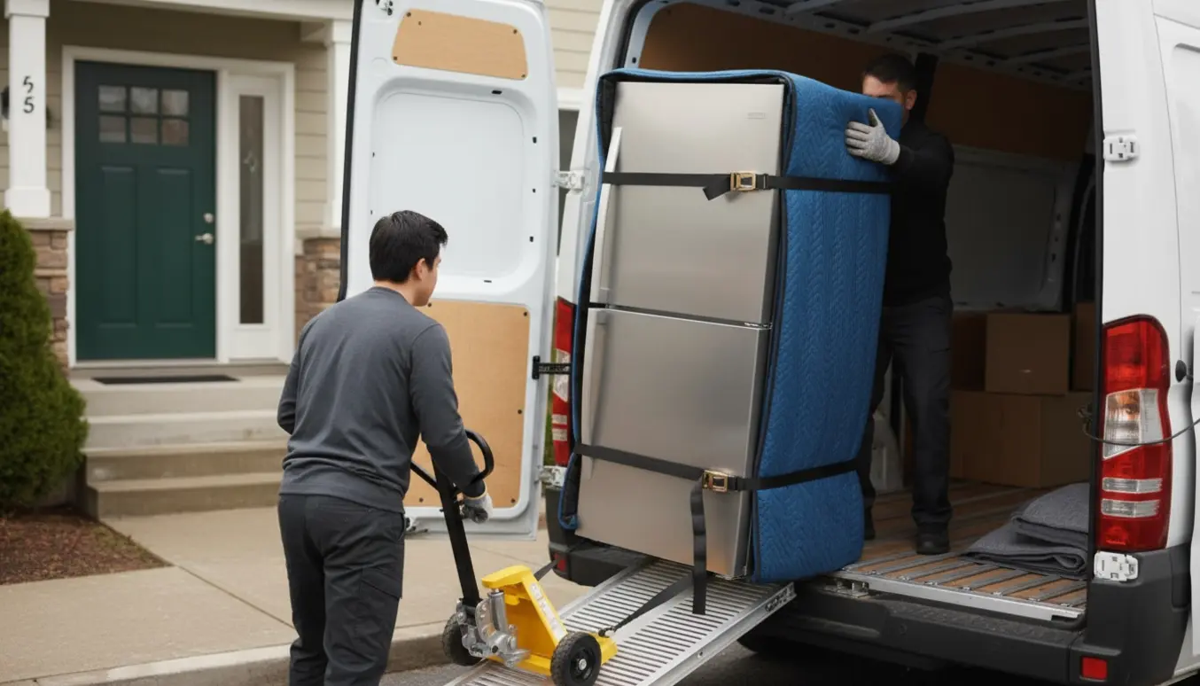 Et 2 m højt køle/fryseskab dækket af flyttetæpper læsses op i en varevogn ved en bolig med to små trin.