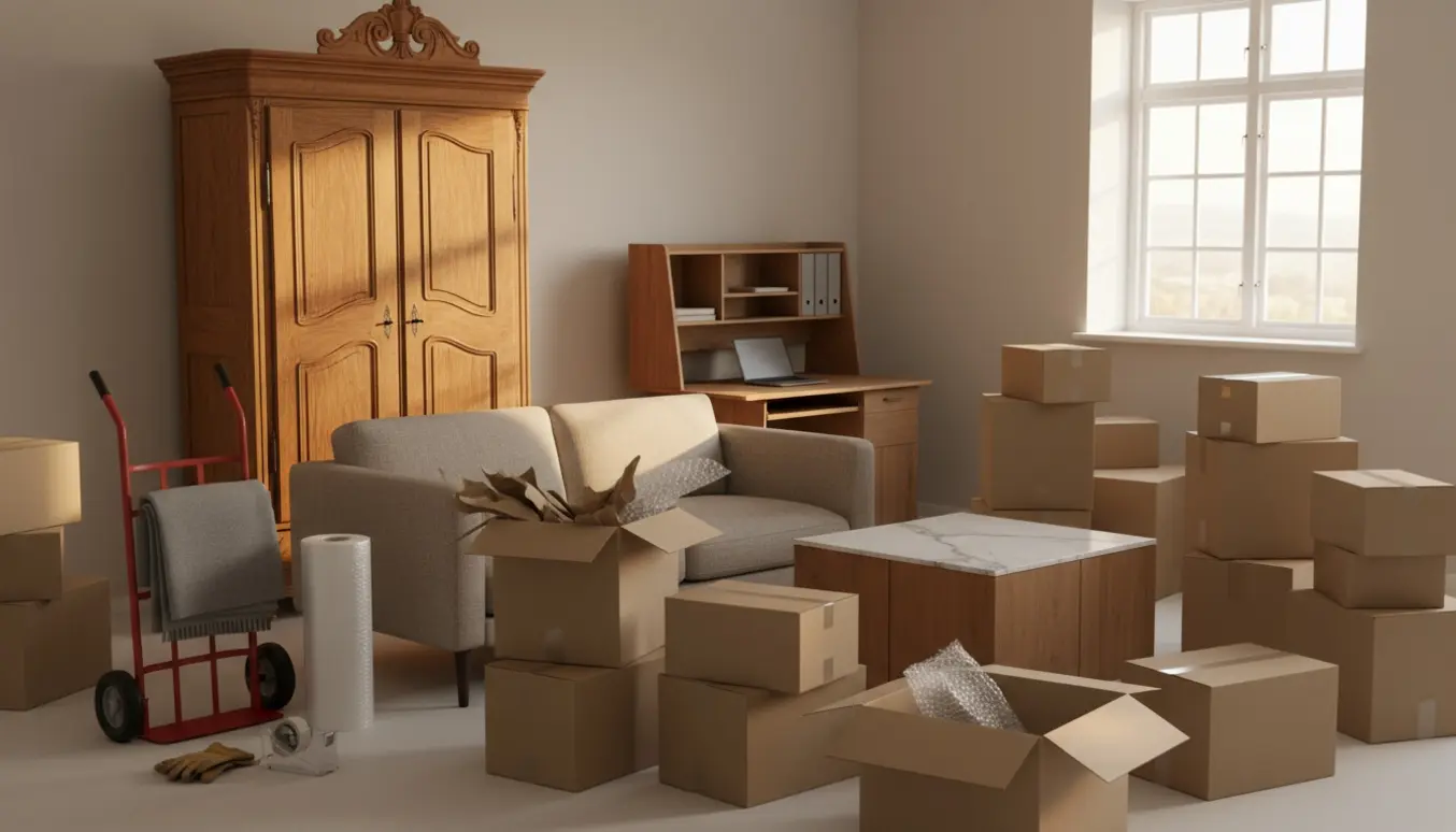 Et lyst rum med karlekammerskab, sofa, kontormøbel, lille skab med marmorplade og omkring fyrre til femogfyrre stablede papkasser klar til flytning.