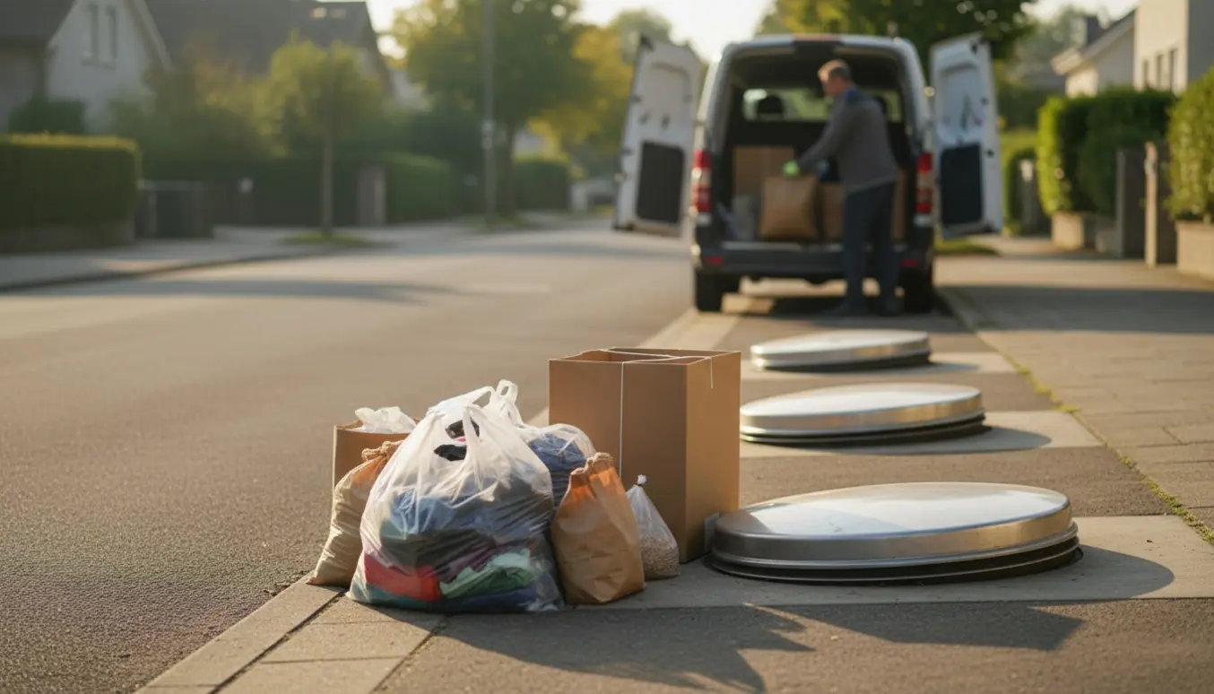Poser med tekstiler og sammenklappede papkasser ved molokker på en villavej klar til afhentning.