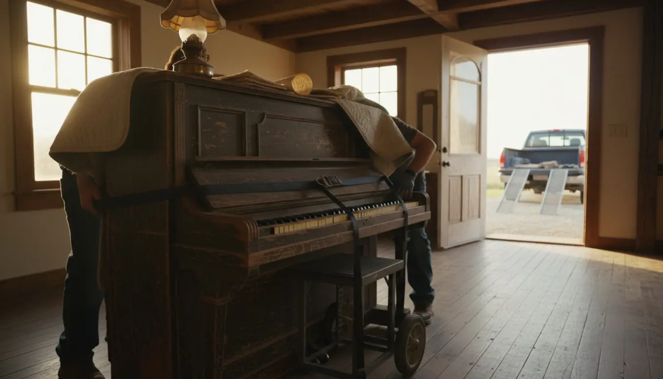 Gammelt klaver i en bondegårdsstue pakket og klar til borttransport.