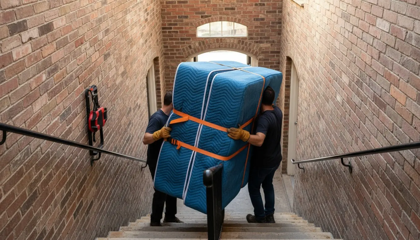To flyttefolk bærer to 80x200 senge op ad en smal trappe omkring en bygning, pakket ind i flyttetæpper og stropper.