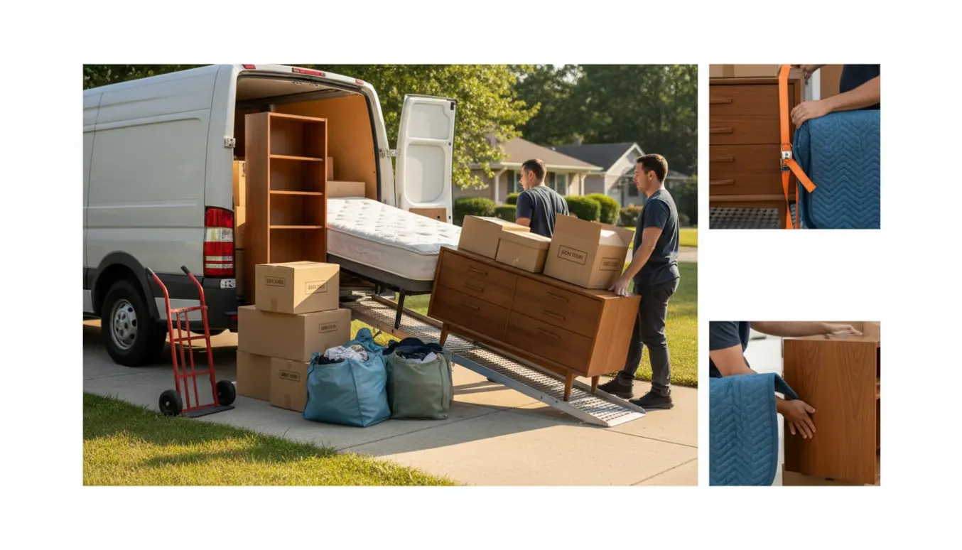 Flyttefolk laster seng, kommode, reol, flyttekasser og tøjposer ind i en varebil på en solrig indkørsel.