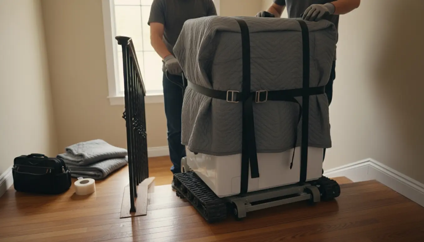 Vaskemaskine sikret på en trappelift på en lejlighedstrappe med flytteudstyr og arbejdshænder synlige.