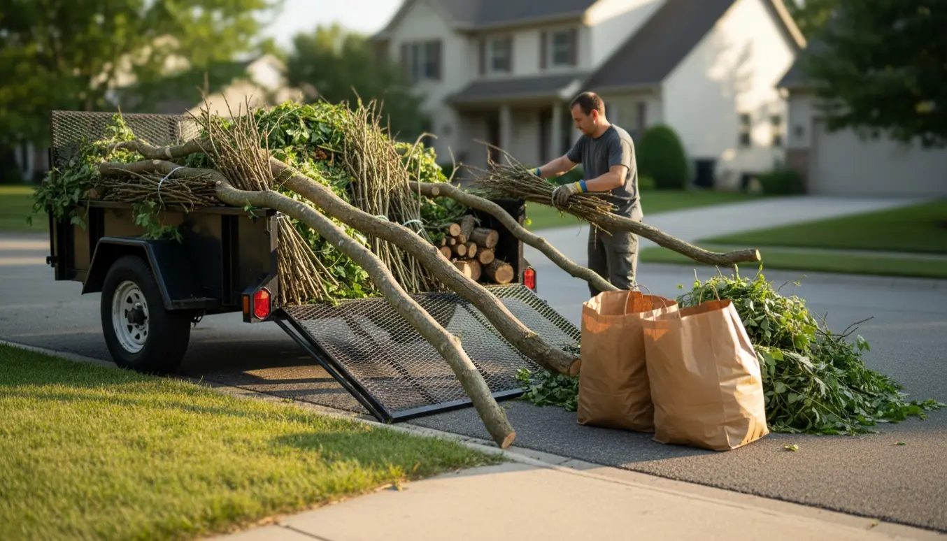Bunke haveaffald med lange grene og åben trailer foran et parcelhus klar til afhentning.