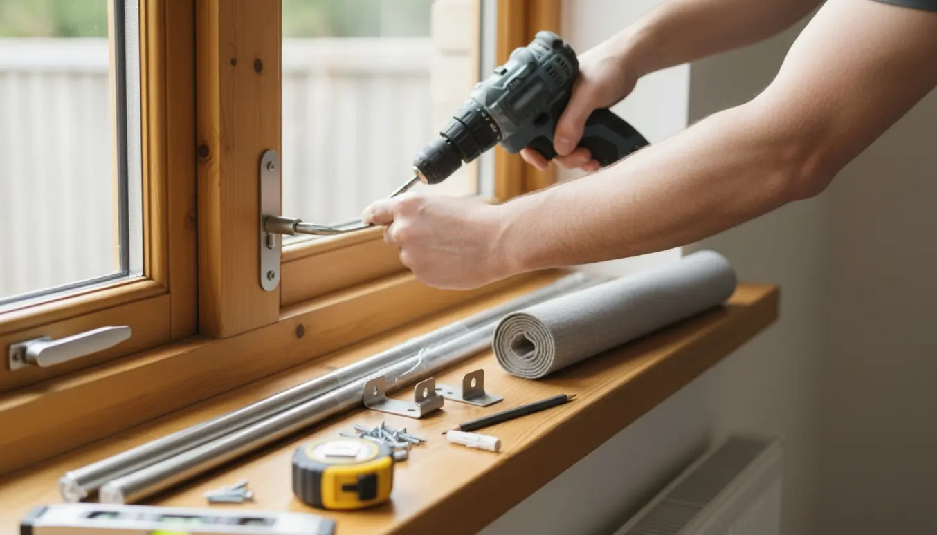 Nærbillede af hænder, der monterer to gardinstænger og et rullegardin i en træramme.