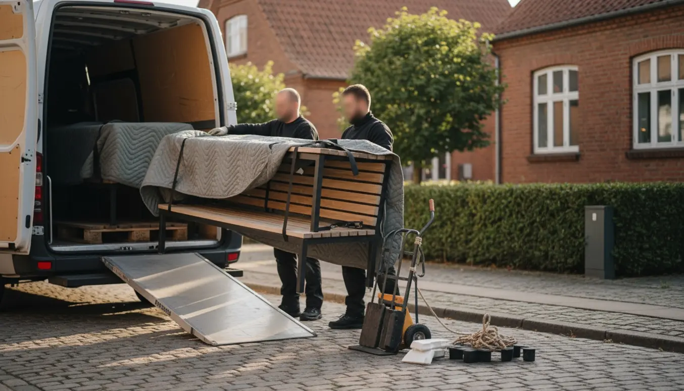 Udendørsmøbler bliver pakket og læsset i en flyttebil på en stille dansk vej.