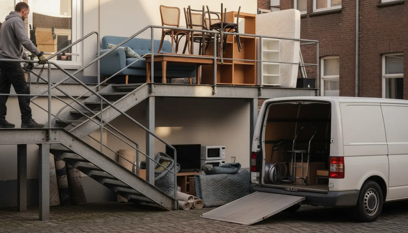 To flyttemænd læsser sofa, stole, seng og hvidevarer ved en udendørstrappe ved en lejlighed.