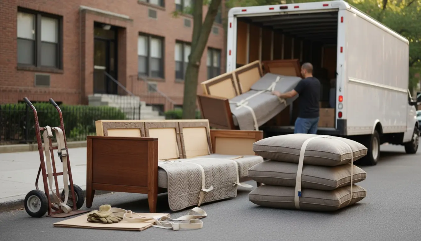 To flyttefolk læsser en trepersoners sofa i adskilte dele ind i en flyttebil med puder lagt på et beskyttelsestæppe.