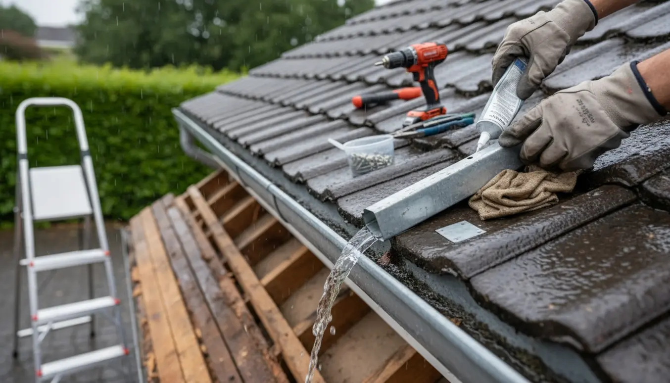 Nærbillede af reparation af utæt galvaniseret tagrende med samlingsstykke, værktøj og fjernet udhængsbræt i let regn.