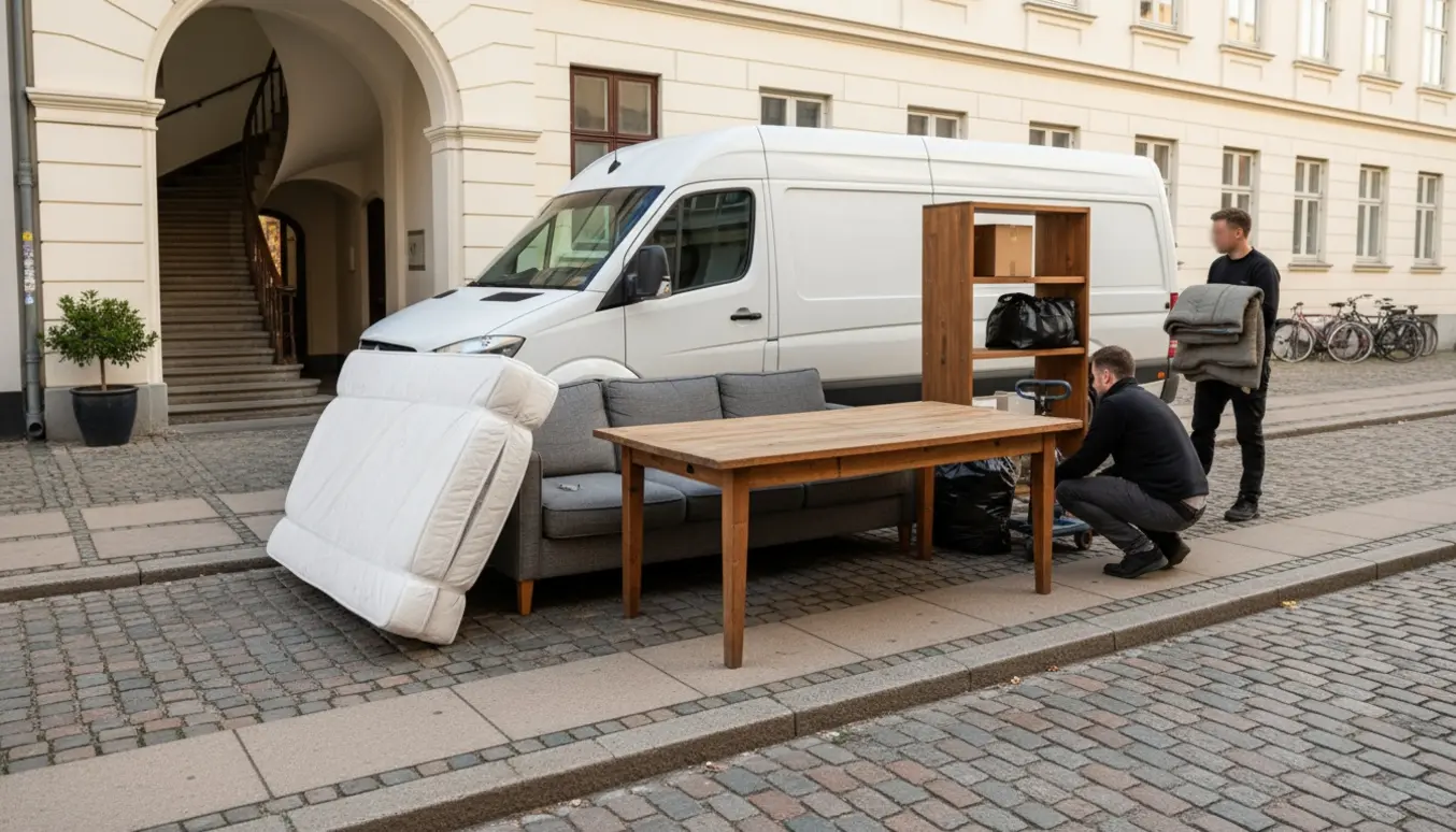 Storskrald med seng, 3-personers sofa, spisebord og hylde stillet ved fortovet klar til afhentning.
