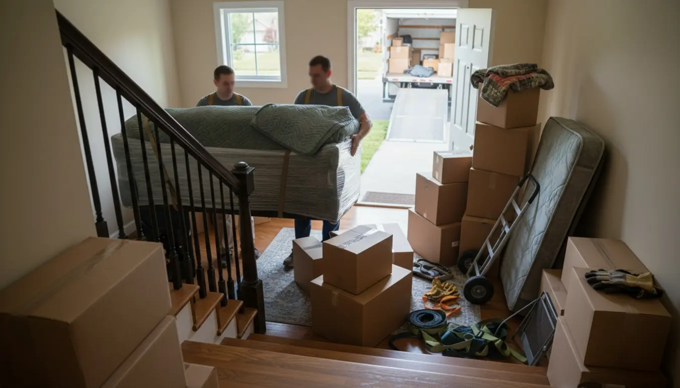 To flyttefolk bærer en indpakket sofa ned ad en trappe med en stor stak flyttekasser og en ventende flyttebil i baggrunden.