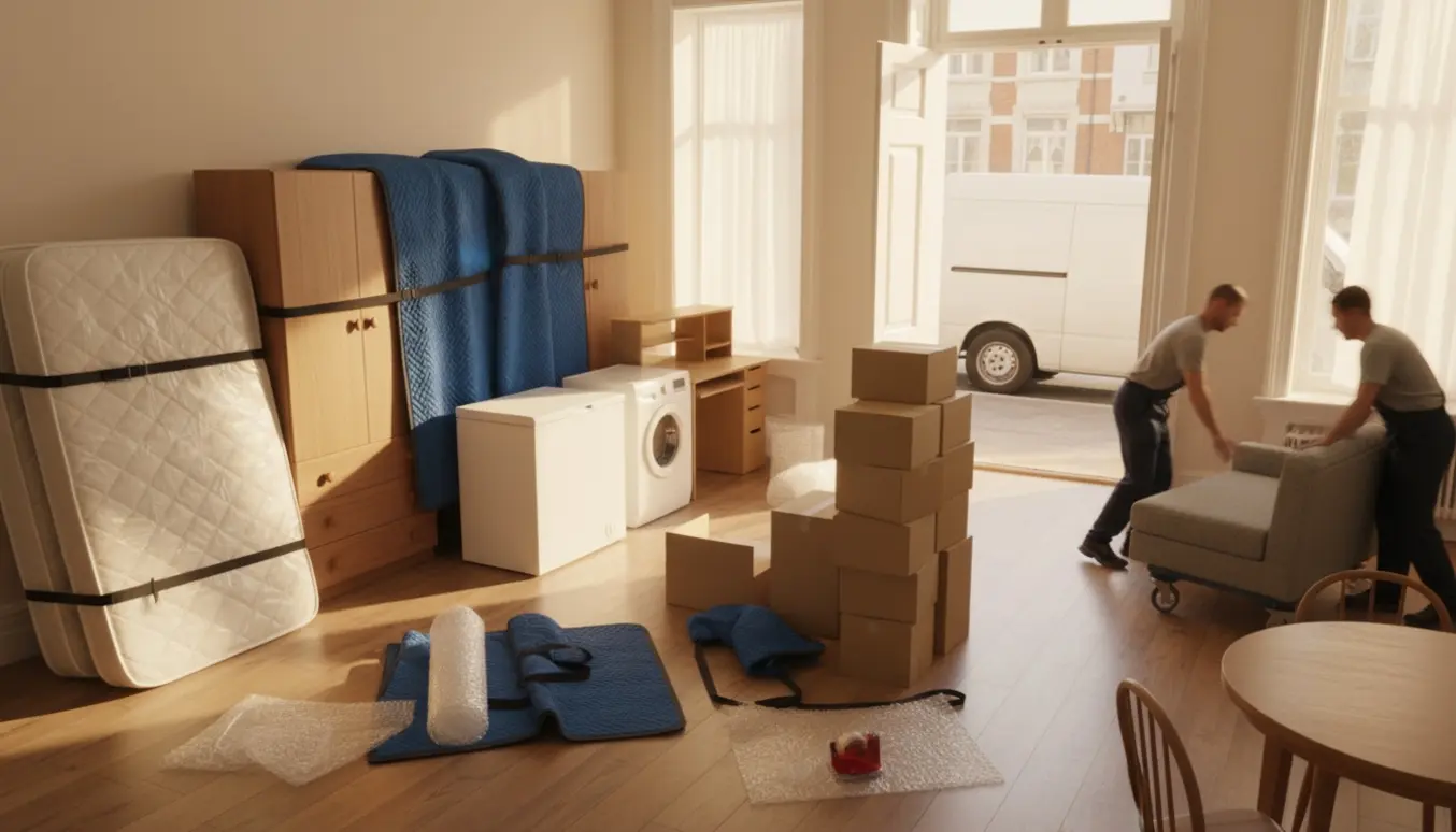 Flyttefolk bærer møbler og stabler flyttekasser ved en åben flyttebil foran en stueplans bolig.