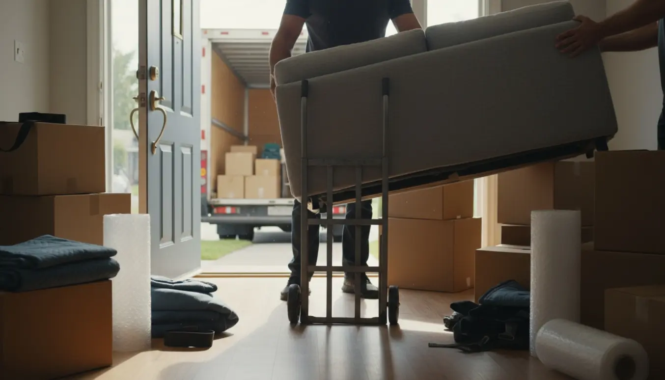 En flyttemand løfter en indpakket sofa ved en åben flyttebil, omgivet af kasser og flyttetæpper.
