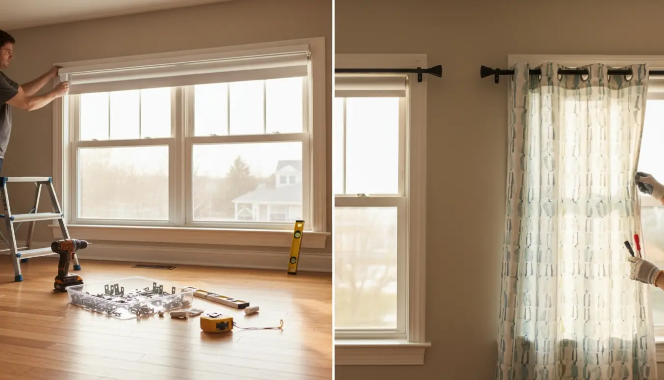 To værelser under opsætning: rullegardin monteres i soveværelset, og gardinstang med gardin hænges op i teen-værelset.