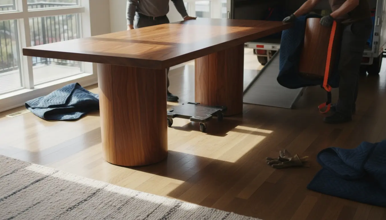 Et massivt træspisebord læsses forsigtigt ud af en stue, med to løse træstubbe-ben pakket ved siden af.