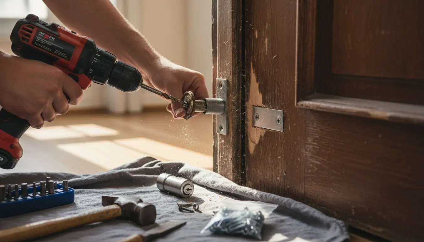Nærbillede af hænder, der udskifter en gammel hoveddørslås med ny cylinder og metalforstærkning i dørkarmen.