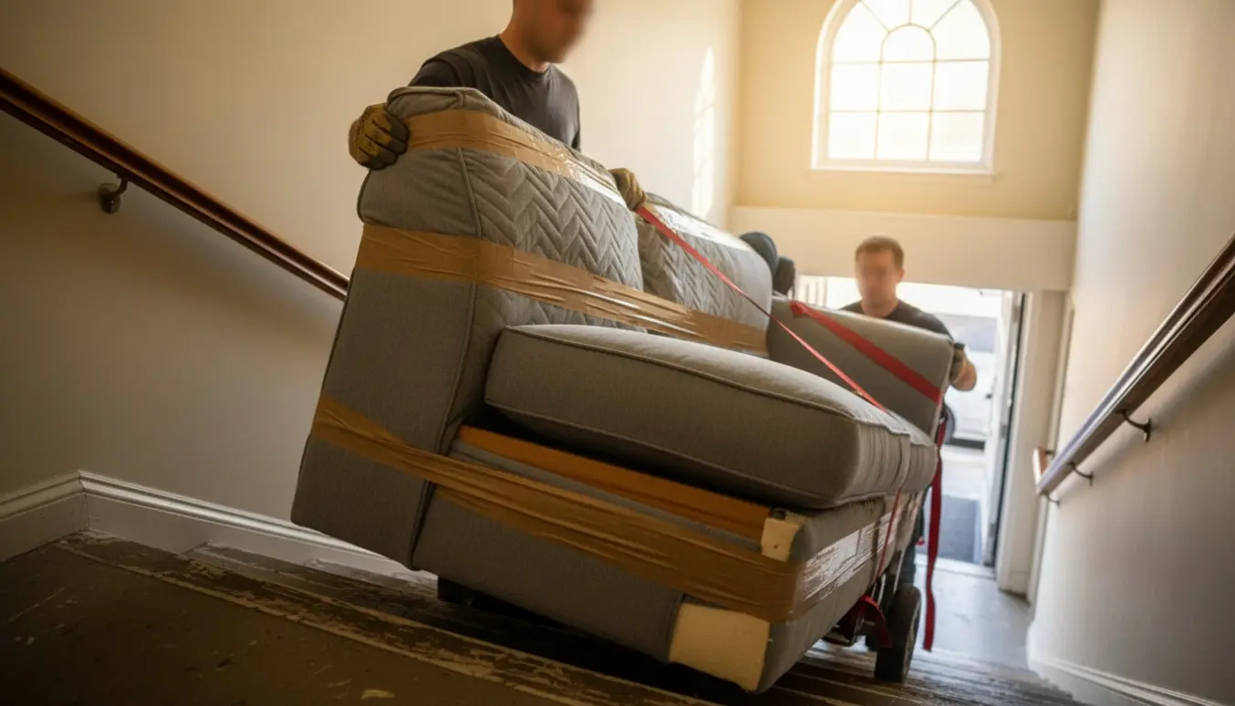Flyttemænd bærer afmonterede dele af en trepersoners sofa ned ad en opgang mod en ventende varevogn.