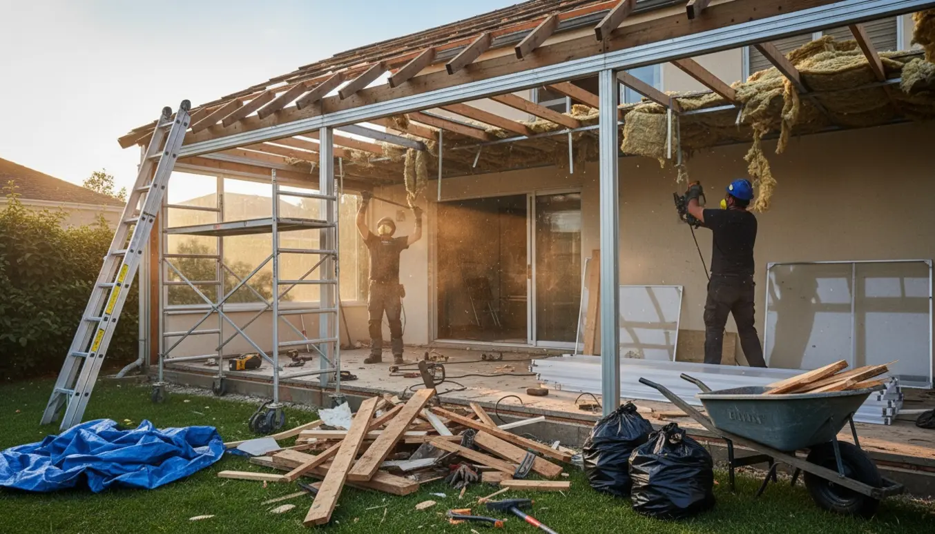 Udestue under nedrivning med tag og loft delvist fjernet, eksponerede spær, værktøj og arbejdere uden synlige ansigter.