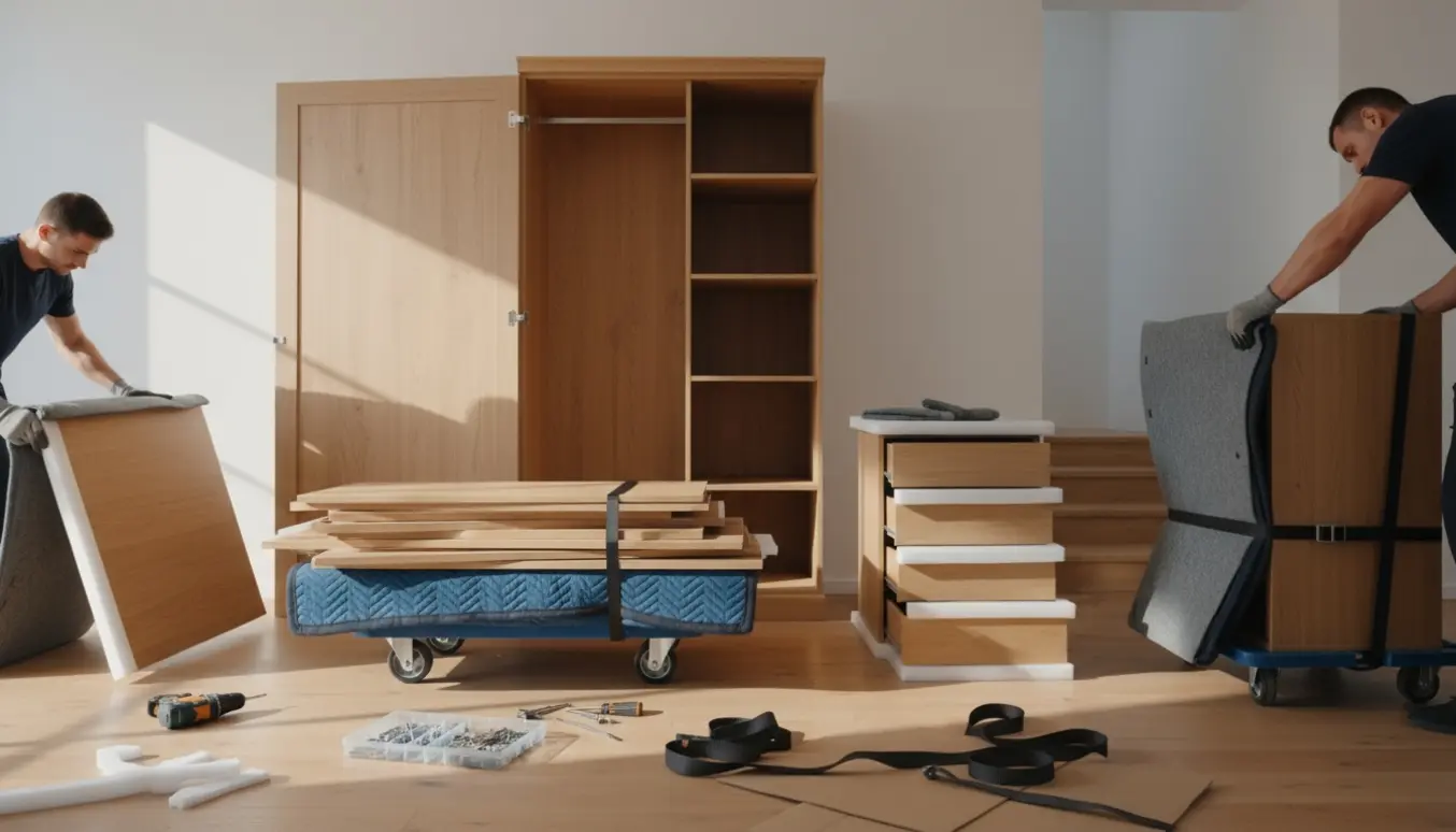 Delvist adskilt klædeskab og flyttematerialer i en lys lejlighed klar til opbæring.