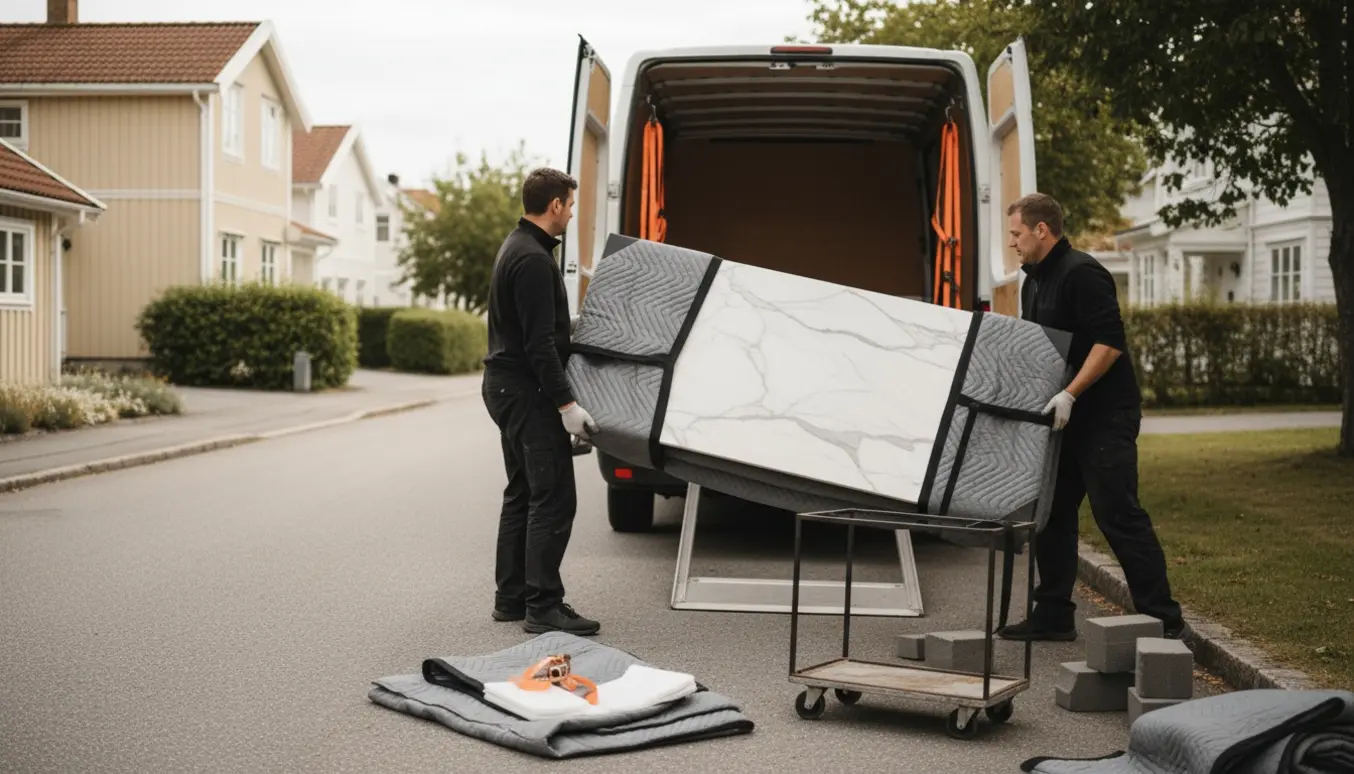 To flyttemænd læsser et adskilt marmorbord ind i en varevogn på en stille forstadsgade.
