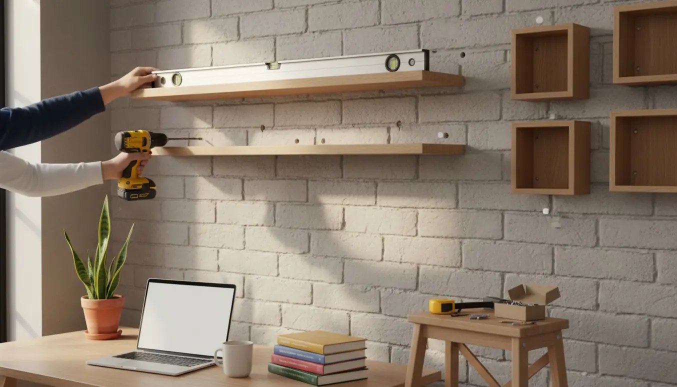 Installation af tre Sorø-hylder og tre små bogkasser på en murvæg i et lyst arbejdsværelse.