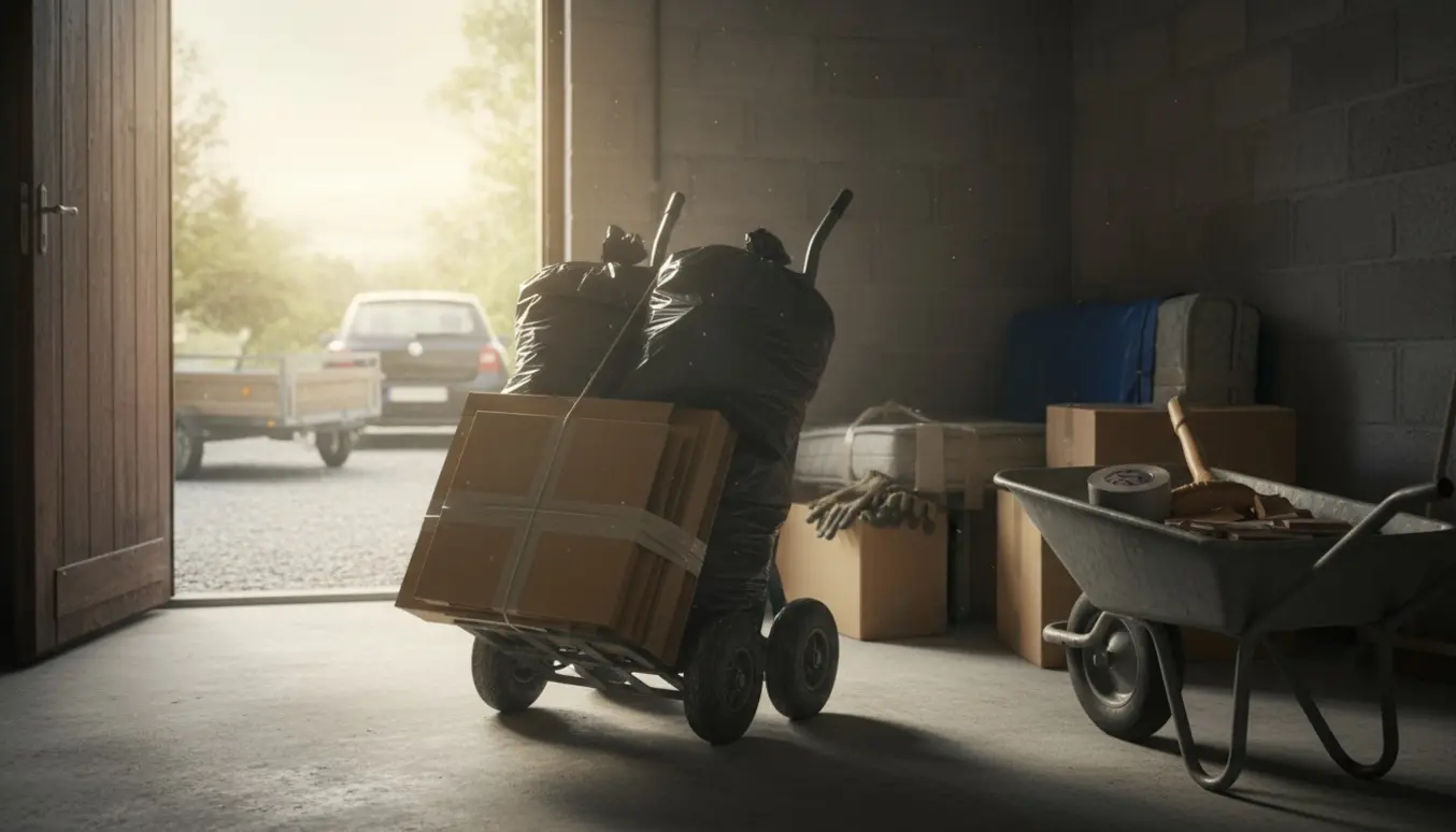 Kælder med affald på en tralle og en åben trailer udenfor klar til bortkørsel.