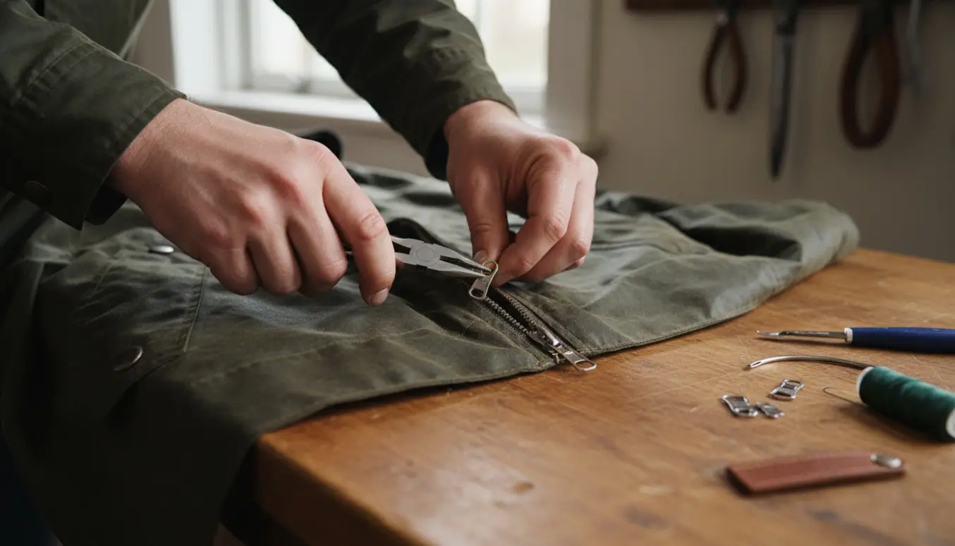 Nærbillede af hænder, der monterer en ny dobbeltlynlås i en grøn jakke på et træbord med værktøj omkring.