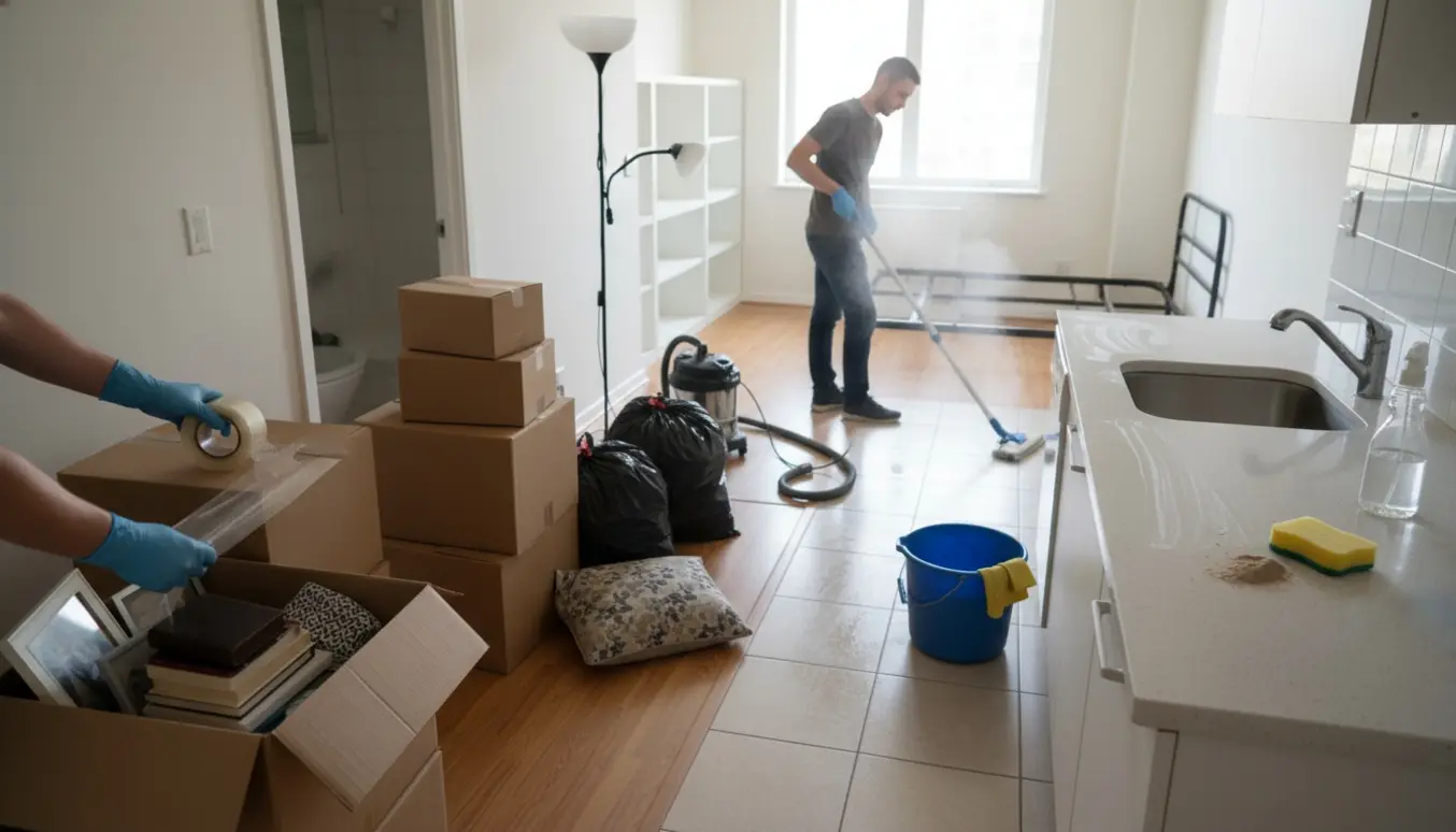 Rydning og grundig rengøring af en lille lejlighed med kasser, sorte sække og rengøringsudstyr.